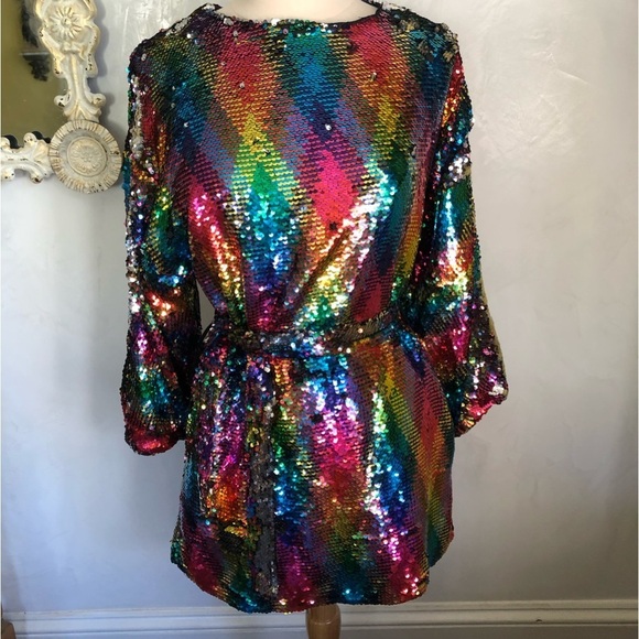 Zara girls rainbow/sliver sequence dress w/lantern sleeves & belt size 13/14 - Picture 3 of 11
